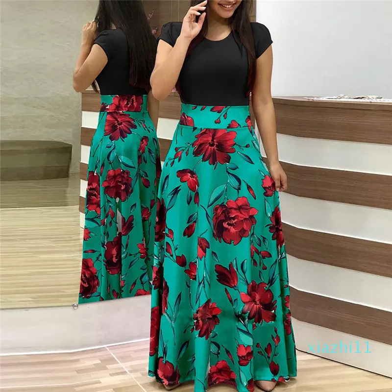 Hot Sale Women Summer Long Dress Floral Print Bohemian Beach Maxi Dress Casual Patchwork Short Sleeve Party Dresses Vestidos Verano 2020