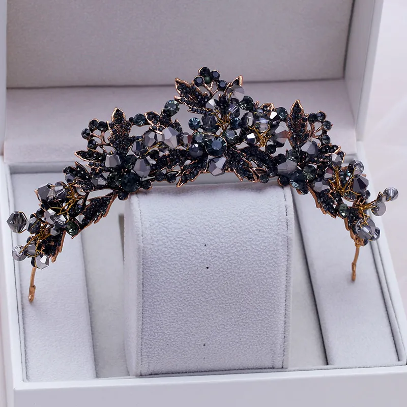 Baroque Handmade Black Crystal Beads Bridal Tiara Crown Rhinestone Pageant Tocess Black Crown Tiara | Vintage Queen Princess Baroque  main image 3