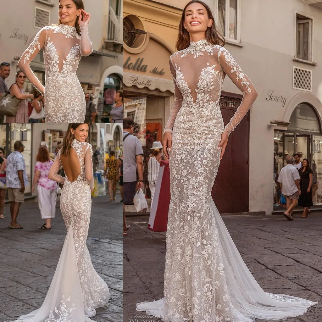 Ilusão Berta manga comprida Vestidos de noiva sereia 2021 alta Pescoço Backless Luxo Lace Applique Outdoor Bride Dress Vestido de Noiva