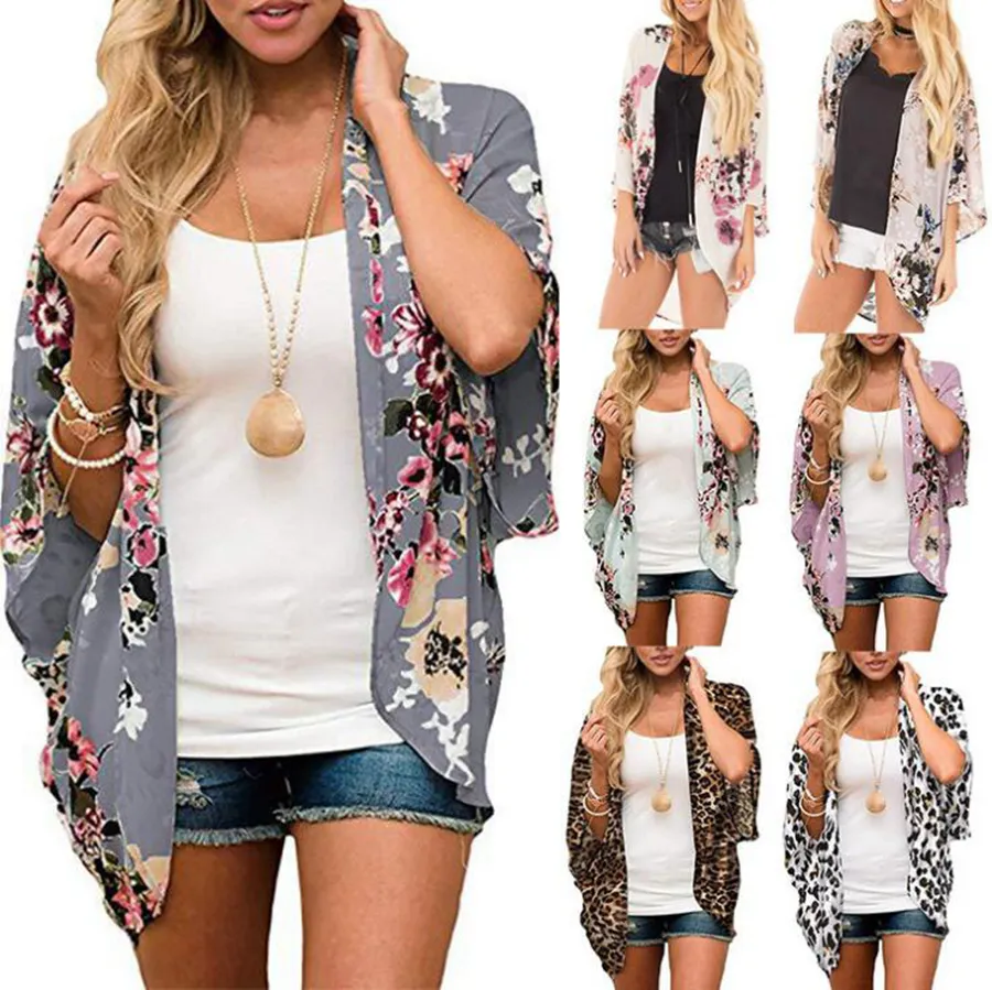 Chiffon Beach Cardigan Summer Women Boho Cover Up Lace Floral Cardigans Digital Printed Kimono Chiffon Blouse Maternity Tops LJJO8301