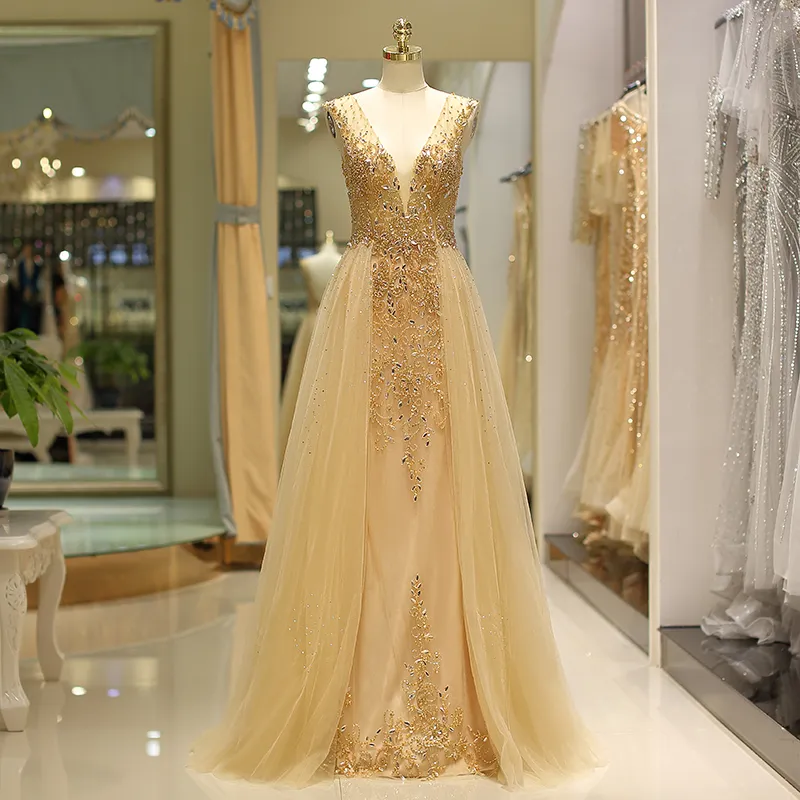 green emerald velvet dress Gold Wedding Dress with Detachable Skirt XXXL / Gold / Lace main image 0
