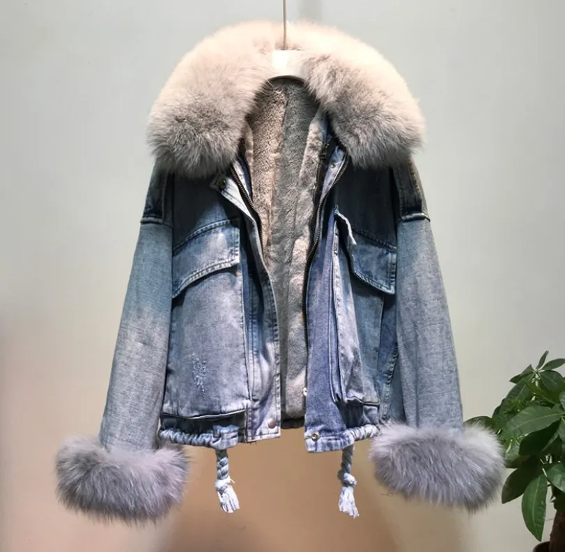 Femmes fourrure veste d'hiver Denim manteau doublure de cheveux grande taille épais chaud Parka femme jeans vêtements d'extérieur décontractés