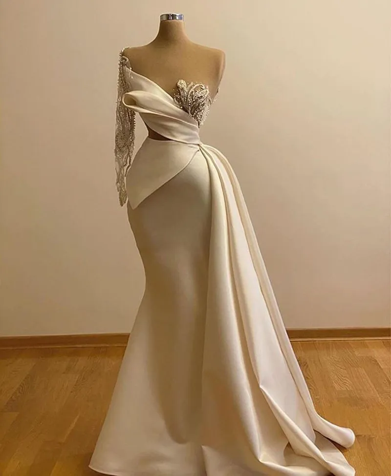 2021 Sequined Mermaid Prom-kappor Sexig One Shoulder Sheer Långärmad Aftonklänning Baklösa Golvlängd Formell Kappor Vestidos De Novia