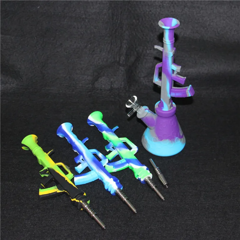 Smoking AK Silicone Bongs titanium tip Percolators Perc Removable Straight Water Pipes comb bong With Glass Bowl Mini rig