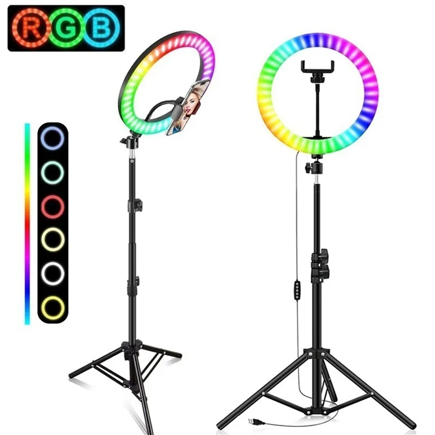 Kolorowe RGB LED Pierścień Lampa 10 inch 26cm Light z uchwytem na telefon komórkowy 1,6 m Statyw do Tiktok Vlogging YouTub Live Video Blogers Vlog