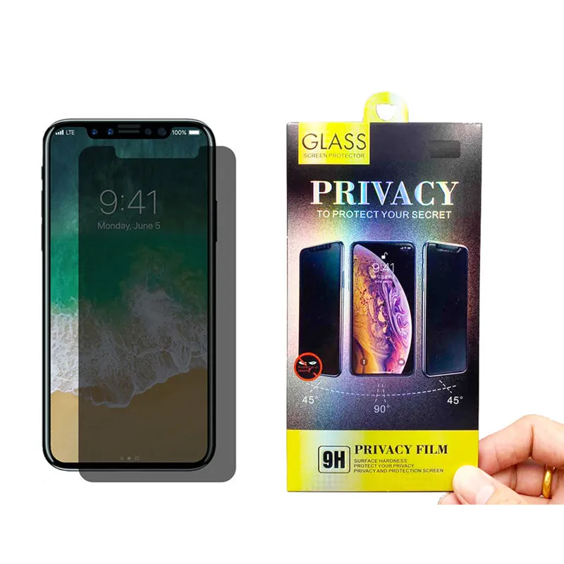 New Anti-Spy en verre trempé pour iPhone 11 12 Pro X XS MAX XR 8 7 6 Plus Samsung S6 S7 Privacy Screen Protector avec le paquet détail