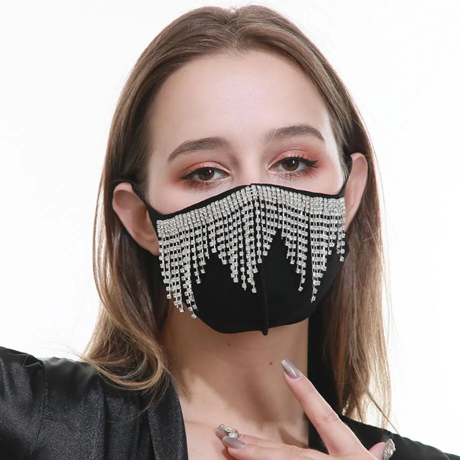 Long Tassel Cotton masks Trendy Bling Rhinestone Face Mask Jewlery for Women Face Body Jewelry Night Club Decorative Jewellery party masks