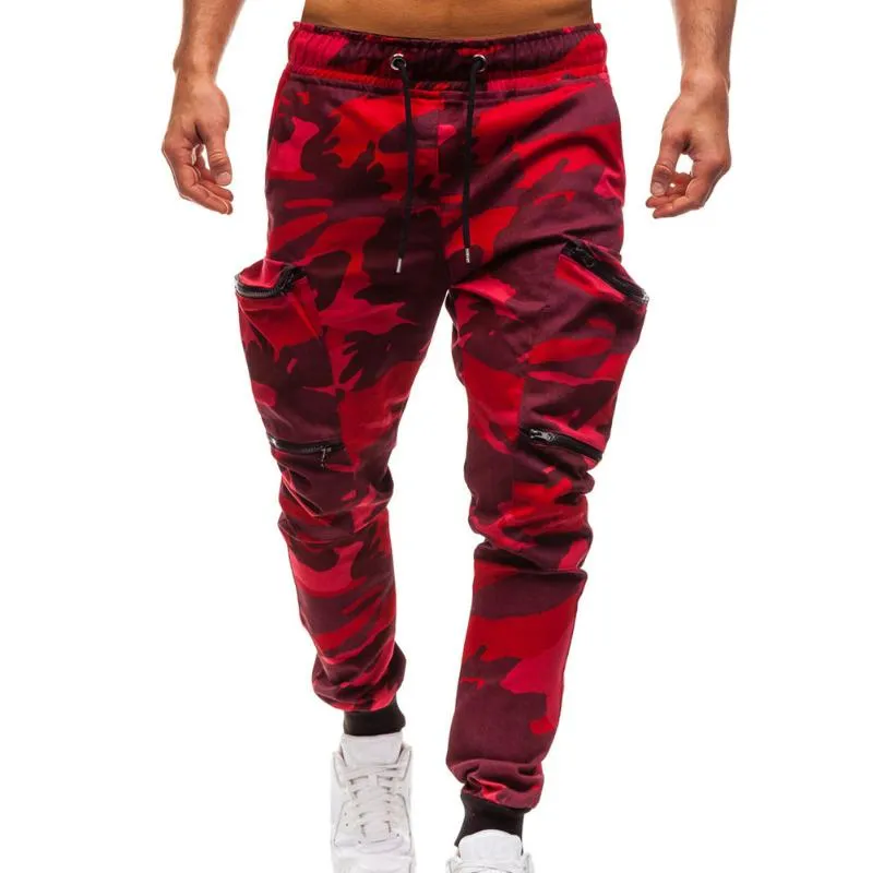 Calça masculina Moda 2021 Cordão Clássico Vermelho Camuflado Camo Joggers Bolsos Com Zíper Suor Cargo Roupas Esportivas