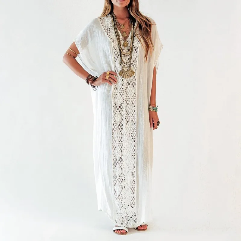 Women V Neck Long Robe Short Sleeve Maxi Dress Summer Wrap Loose