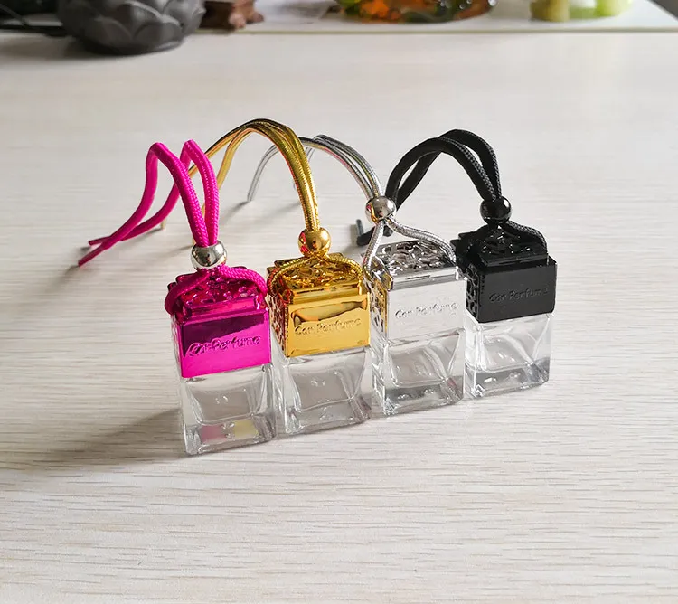 Cube Hollow Car Perfume Bottle Rearview Ornament Hanging Air Freshener For Essential Oils Diffuser Fragrance Empty Glass Bottle Pendant