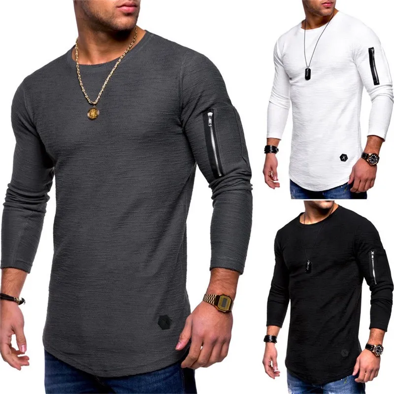 Nouveaux hommes T-Shirt à col rond Fitness musculation T-Shirt haute rue printemps à manches longues fermeture éclair Style décontracté haut en coton