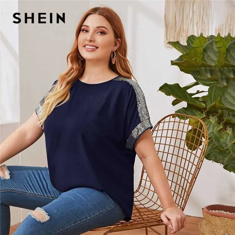 SHEIN Plus Size Contrast Sequin Panel Batwing Sleeve Top Women