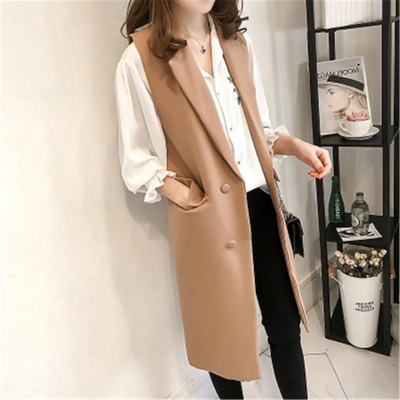 Long Sleeveless Blazer Vest Women Elegant Office Lady Black Casual Long Vest Female Plus Size Ladies Waistcoat Women PZ2638