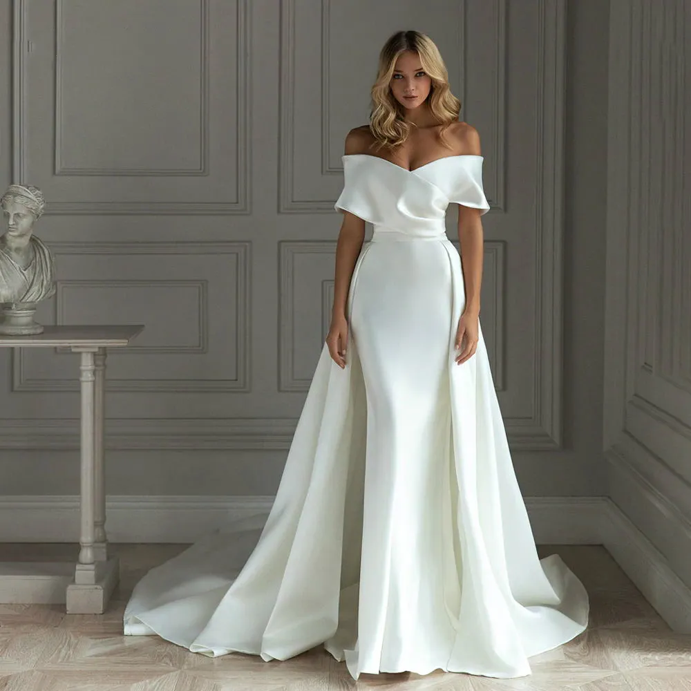 2021 robe De mariée sirène en Satin avec Train détachable épaules nues longueur De plancher robes De mariée Vestido De Noiva