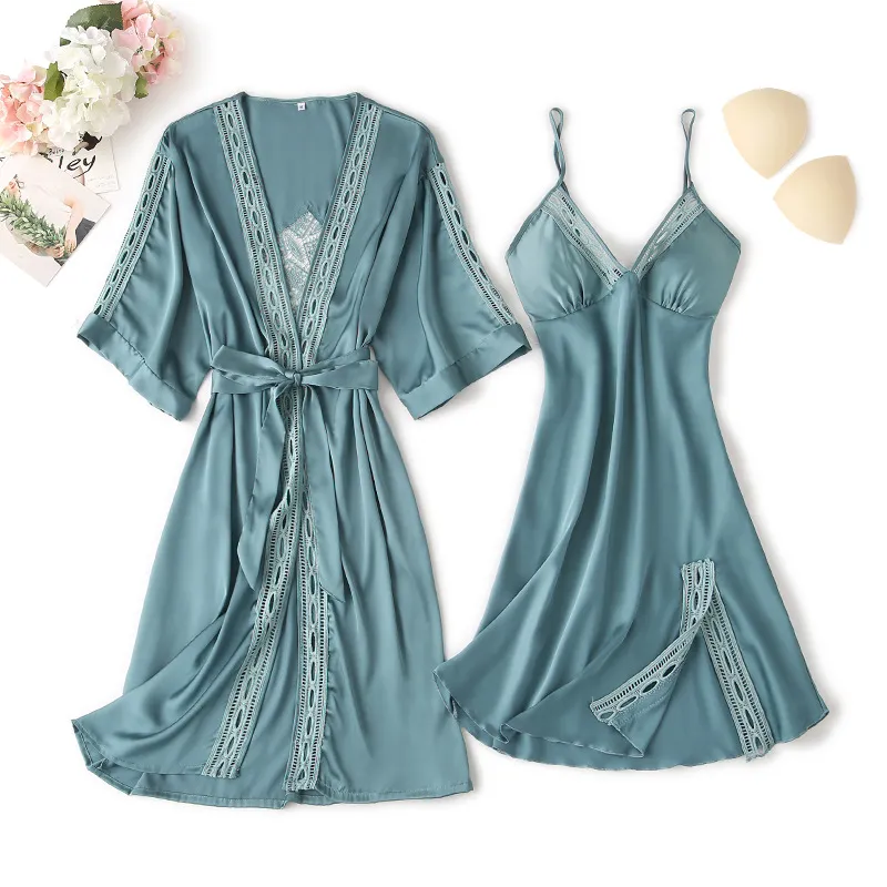 女性の寝室湖の青い2枚の女性のローブガウンセットシルクスリープラウンジセクシーなピジャマレディースナイトウェアバスローブナイトドレス