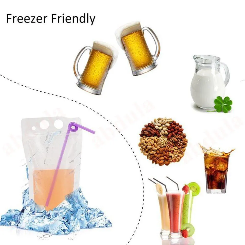 Clear Drink Pouches Bags frosted Zipper Stand up Plastic Drinking Bag with straw holder Reclosable 500ml