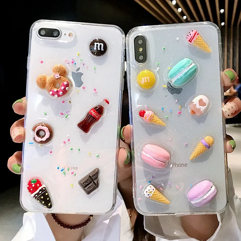 3D Cute Macarons Max Cake Clear Case för iPhone 8Plus Case XS Max XR 7 6 11Pro Ice Cream Glitter Transparent Soft Silicone Cover