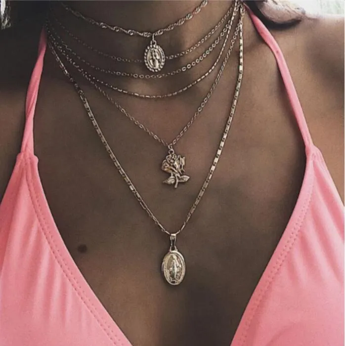 Fashion Multilayer Gold Chain Coin Pendant Necklaces Layered Choker for Women Bohemian Party Jewelry for Women Girl