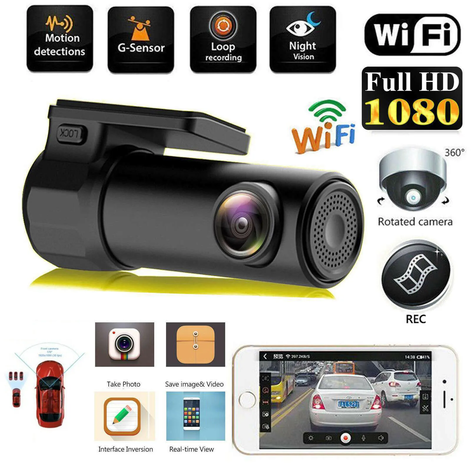 Car DVR Mini-kamera kan rotera 360 FHD 1080p Videobilkamera för körning av inspelning av bil DVR-detektor Dashboard Camera WiFi