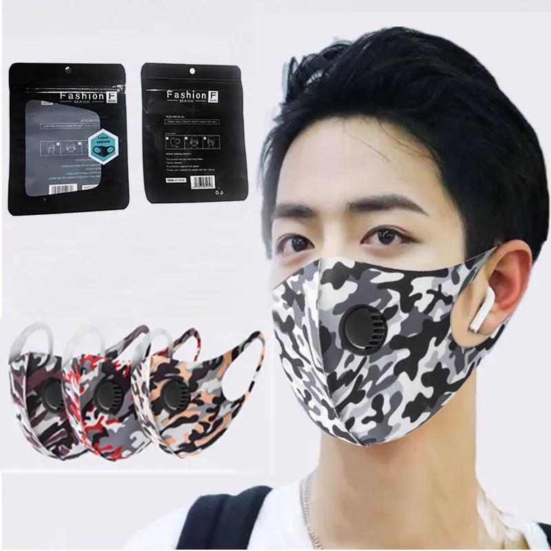 Gorący kamuflaż zmywalne maski do twarzy z zaworem PM2.5 Oddychanie respirator ICE Silk Bawełniana maska ​​Ochronna Camo Wielokrotnego użytku Pakiet indywidualny