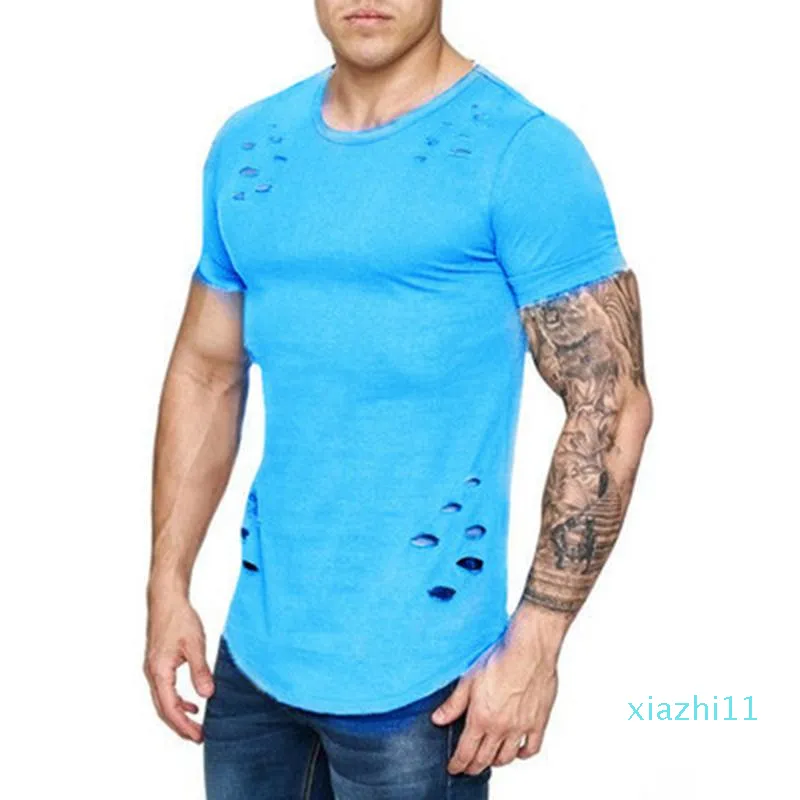 뜨거운 판매 봄 짧은 T 셔츠 남성 패션 구멍 디자이너 피트니스 t- 셔츠 여름 짧은 소매 솔리드 슬림 맞춤 힙합 티셔츠