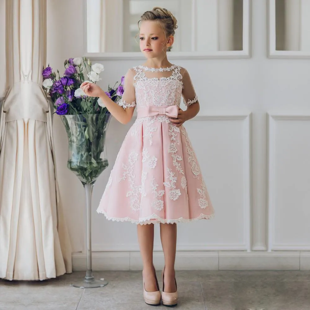 Flower Girl Dress - V-Neck, Rose Embroidery, Tea Length, Sleeveless, Removable Flower (Sizes 4-14, Multiple Colors)