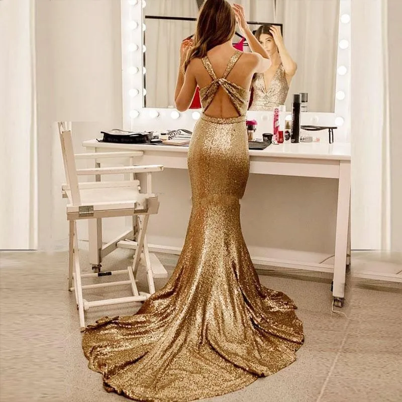 chinese dress ladies Champagne Sequin Mermaid Modest Party Long Prom Dresses, Evening Dress –  bridalsew main image 0