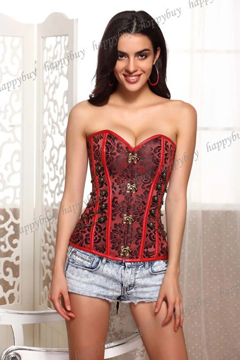 Classical Steel Boned Steampunk Corset Outwear Top Cord Lacing Up Bustier Plus Size S-5XL249O