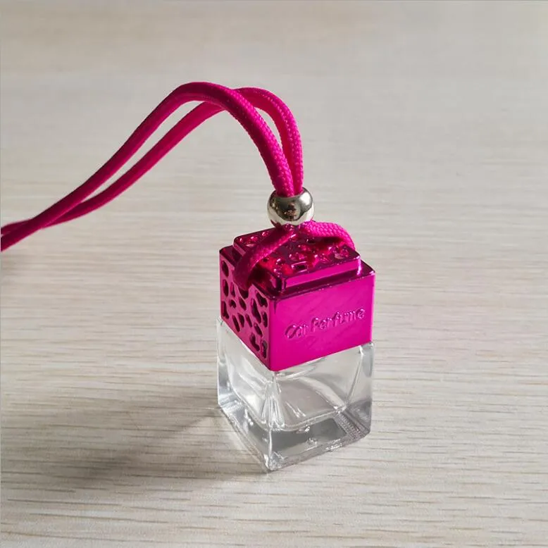 Cube Hollow Car Perfume Bottle Rearview Ornament Hanging Air Freshener For Essential Oils Diffuser Fragrance Empty Glass Bottle Pendant