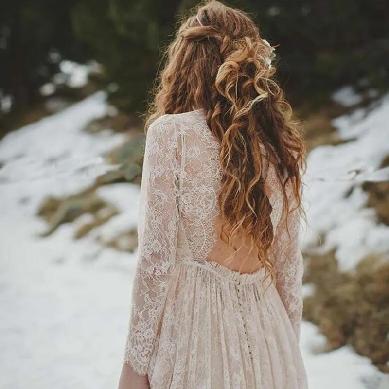 Vintage Beige Lace Boho Beach Wedding Boho Wedding dress with Illusion Long Sleeves and Open Back - Hippie Bohemian Bridal Gown Vintage Beige Lace Boho Beach Wedding Boho Wedding dress with Illusion Long Sleeves and Open Back - Hippie Bohemian Bridal Gown