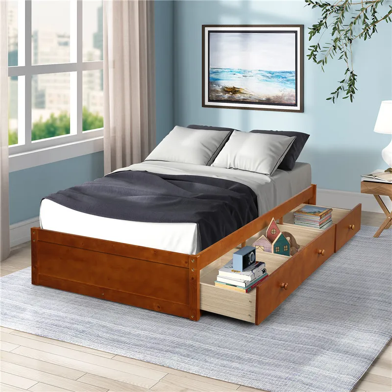 US Stock, ORIS FUR, Oak Color Twin Size Platform Storage Bed with 3 Drawers For Kids Adult Bedroom Sets WF193634AAL