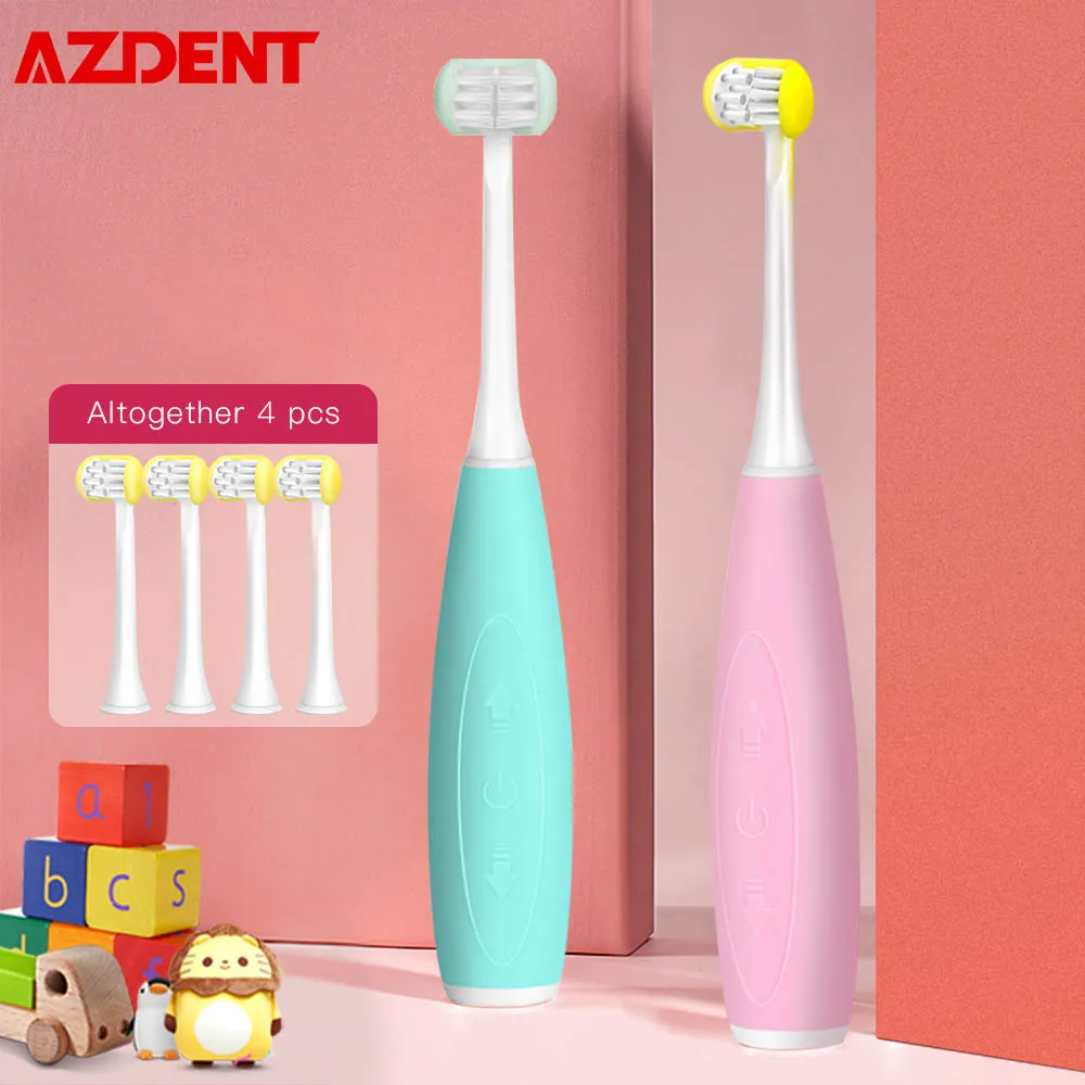 AZDENT 3 Sides children Kids Sonic Electric Toothbrush 5 Modes U Type Teeth Tooth Brush 4 Heads 3h USB Rechargeable