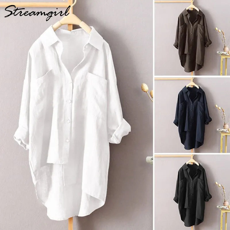 Camisa de lino blanca Mujer Manga larga Ropa de trabajo de verano Blusa de lino Mujer 5XL Blusas de mujer Tallas grandes Camisas de mujer con bolsillo