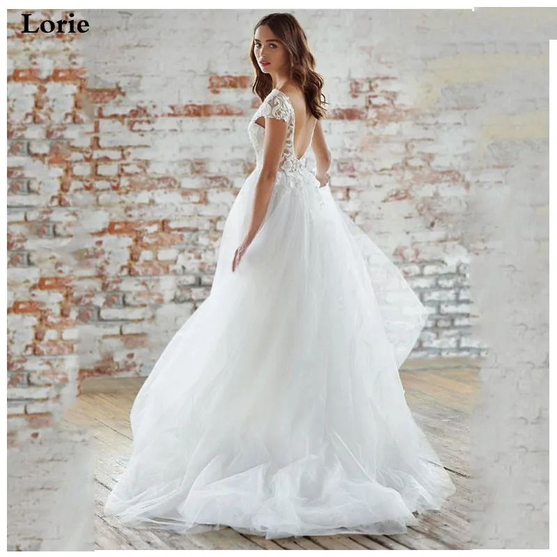 LORIE Backless Boho Wedding Dress 3d Lace Vintage Appliqued Bridal Dress 2019 Cap Sleeves Wedding Gown Floor Length