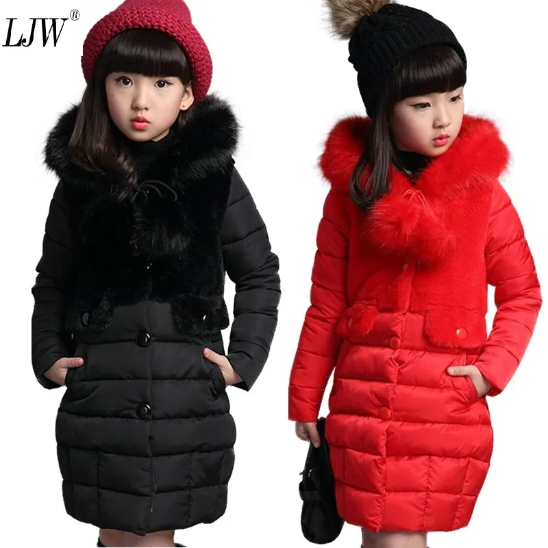 暖かい冬の人工髪のファッション長い子供のフード付きジャケットコート女の子の上着の女の子服4-12歳c1012