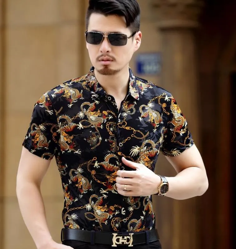 Camisas casuales para hombre Estilo chino Drag n Patr n de impresi n Seda Negocio Camisa de manga corta para hombre Moda de verano Vestido