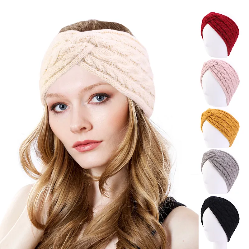 Vinter stickat huvudband för kvinnor mjuk stretch ull öra varmare turban tjejer makeup knut cross the headwear band hår tillbehör