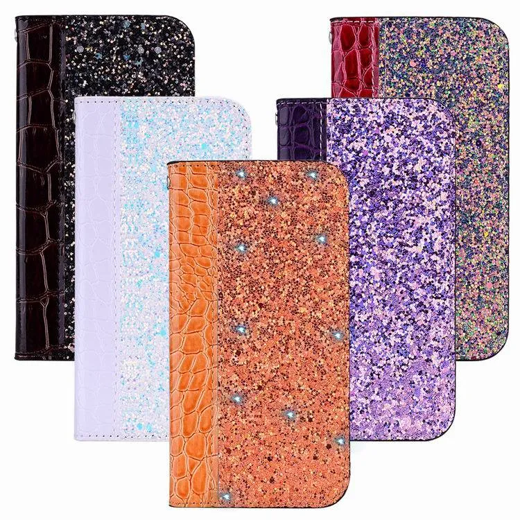 Mode Designer Glittering Sequins Magnetic Crocodile Flip Leather Plånbok Väska till iPhone 11 Pro X XR XS Max 6 7 8 Plus S9 S10