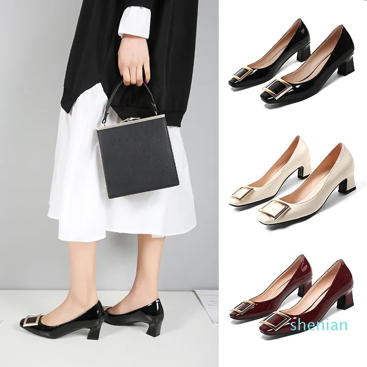 Hot sale-2018 Stylish Square Metal Embellished Patent Leather Black Burgundy Chunky Heels Ladies Pumps Slip-on Office shoes for Women