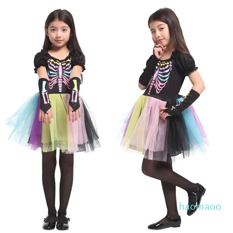 Fashion-Children Girls Colorful Skeleton Skull Cosplay Costume Stage Performance Costumes Hallowmas Masquerade Party Dress Supplies