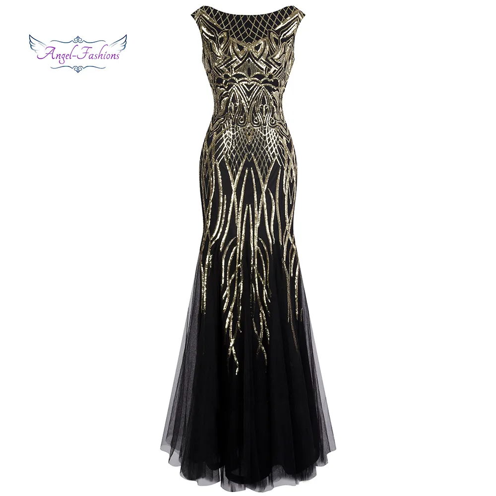 Angel-fashions Bateau Boat Neck Vintage Golden Sequin Ball Gown Long Prom Dresses 377 Y200710