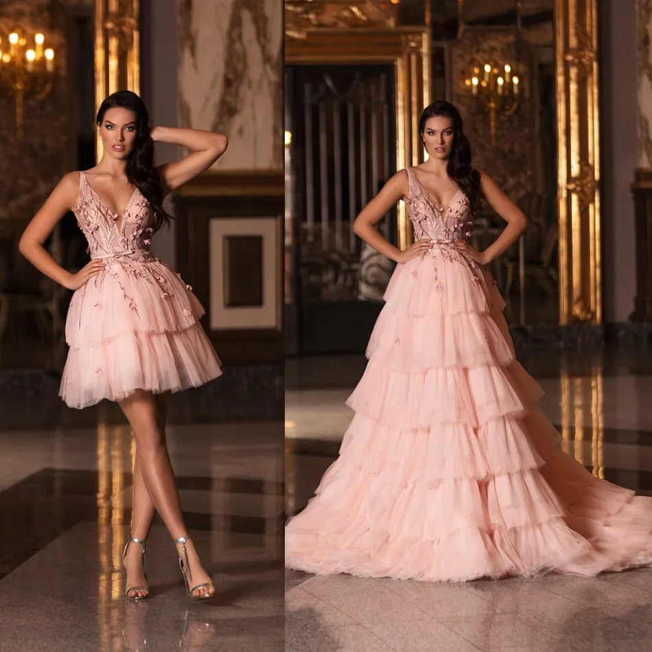 Rose A-ligne Robe De Soirée Sexy Col En V Appliqued Robe De Bal Formelle Vente Chaude À Plusieurs Niveaux Tulle Balayage Train Sur Mesure Piste Robe De Mode