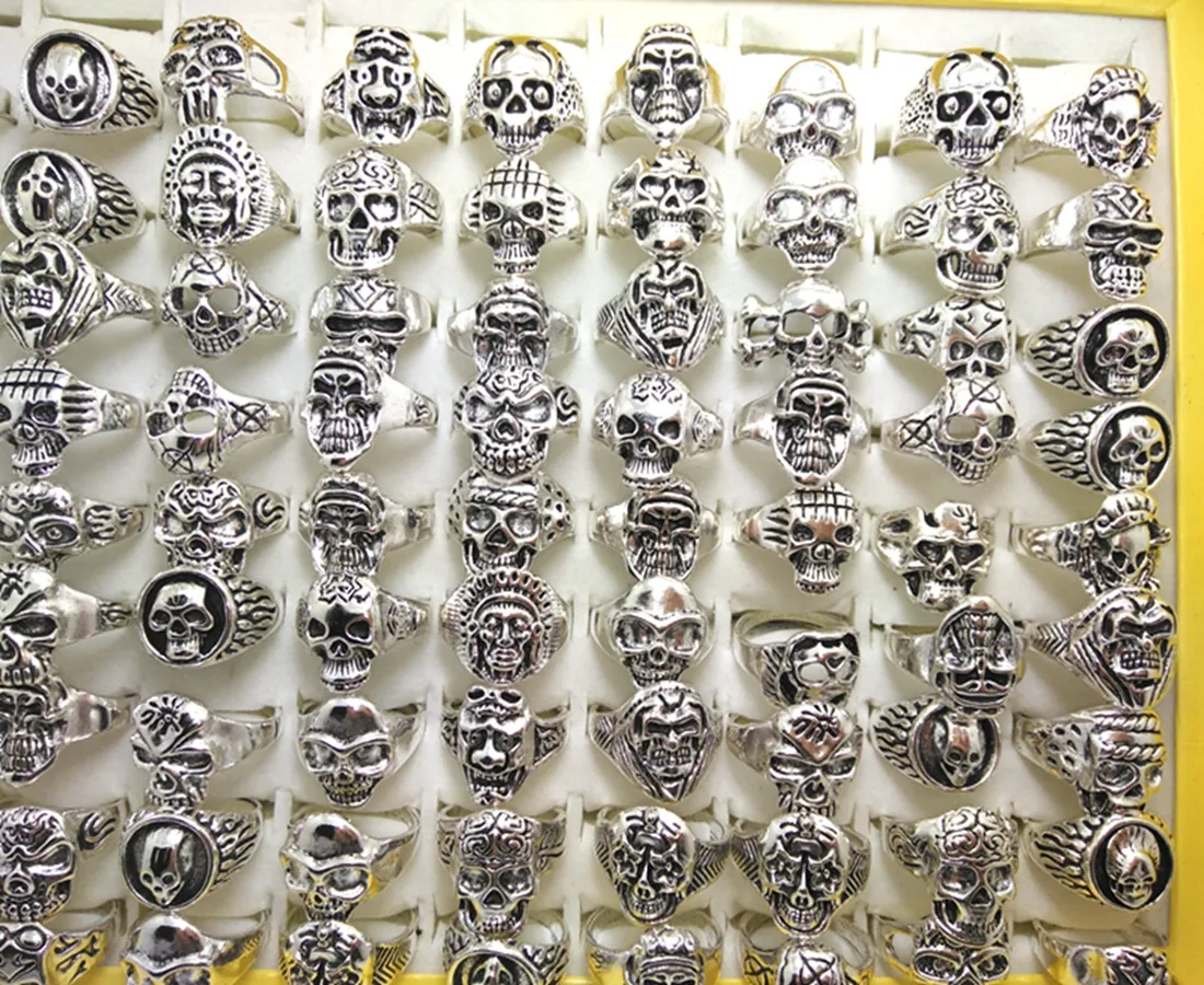 thumbnail image 2 of 50-Piece Wholesale Mixed Lot Skull Rings – Biker Punk Style, Ni Alloy, Sizable 17-20mm 2 of 5