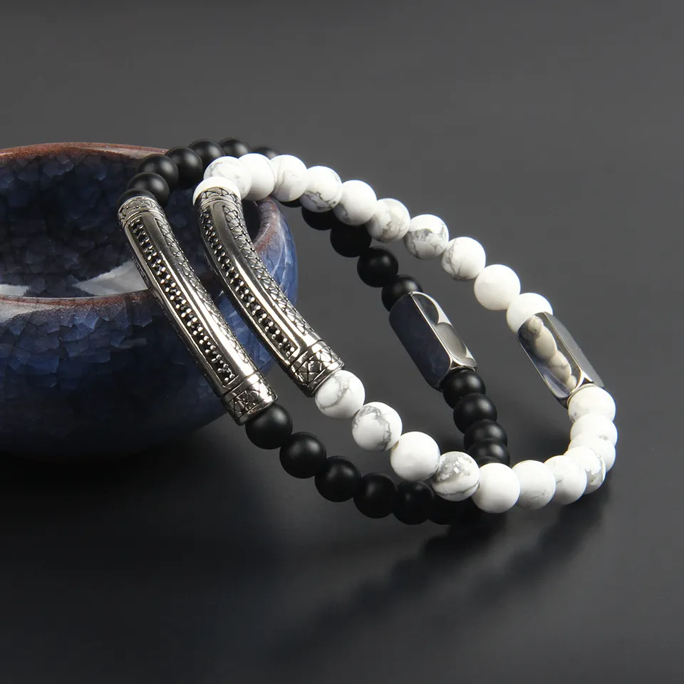 Neue Design Edelstahl Rohr Bar Perlen Armbänder mit 6mm Natual Stein Perlen Mode Silber Paare Schmuck