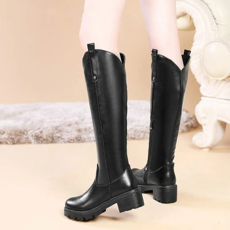 Winter New Fashion Thick Heel High Tube Knight Boots Black Yellow Plus Velvet Keep Warm Women Shoes Size 34-43