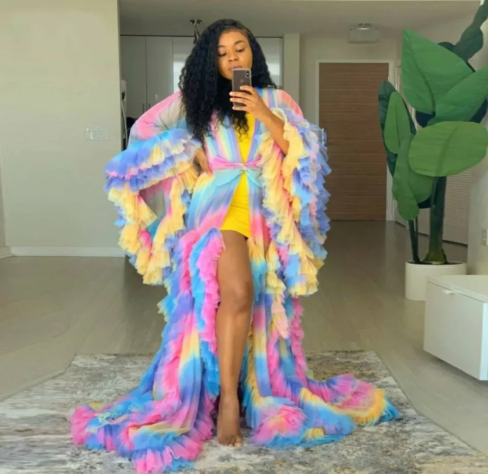 Gökkuşağı Chic Gelinlik Elbiseleri Robe Puff Tam Kollu Ruffles Katmanlı Annelik Thru Photoshoot Vestidos Renkli Abiye