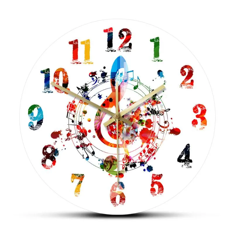 Símbolo colorido de triplos de g-clef com notas musicais relógio de parede Relógio criativo rítmico ornamentado decoração de casa melodia signo musical Art Wall Wall Watch