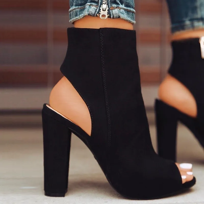 Women Summer Boots Faux Suede Casual Peep Toe High Heels Shoes Woman Black Booties Zipper Square Heel Ankle Boots Plus Size 43 CX200820