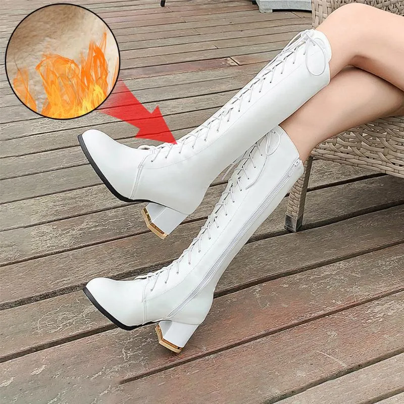 Plus size 34-43 coxa alta botas branco mulheres vintage couro quadrado salto alto zíper joelho altura de altura lace-up boot manter sapatos quentes