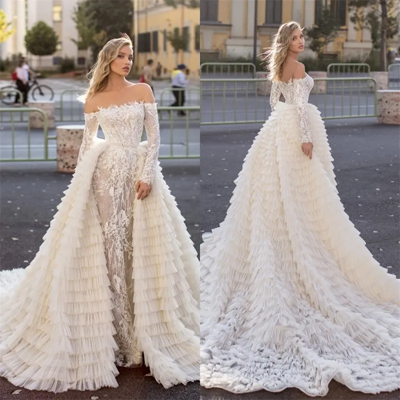 Abiti da sposa a sirena di lusso con strascico staccabile Abiti da sposa a strati in pizzo con applicazioni maniche lunghe Abito da sposa lungo su misura